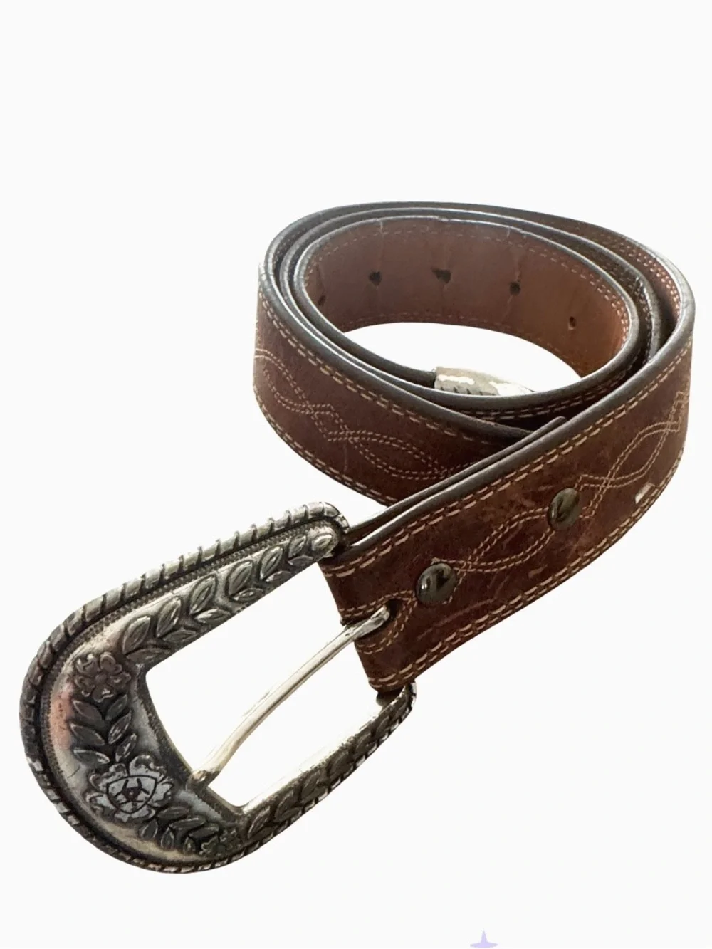 ARIAT Brown Leather Belt, dark Silver floral buckle, tan stitching Size 36